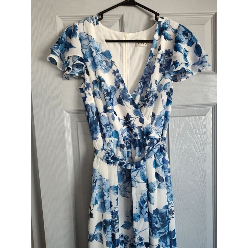 Eliza J Nordstrom women's maxi long blue white floral lightweight belt dress 8